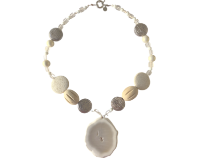 Florencia Neckpiece-Agate, coral, fine woods and mother of pearl.