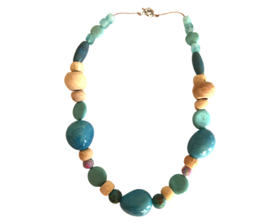 Syrena Neckpiece-Designed with beautiful Australian wood, tagua seed, turquoise, murano crystals by Vanessa Gatica