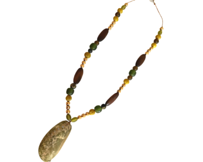 Hermes Neckpiece-Abalone green shell pendant, fine woods, metallic gemstones, murano crystals, ceramic beads designed by Vanessa Gatica.