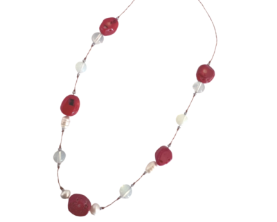 Ocean Necklace-handmade with red coral, moonstone and pearls.